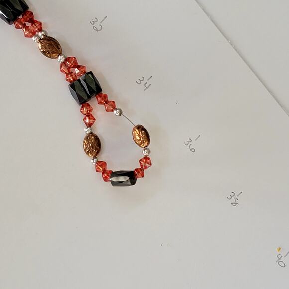 Vintage Beaded Necklace with Black Faceted Beads Amber Ovals and Red Crystals - Picture 10 of 10